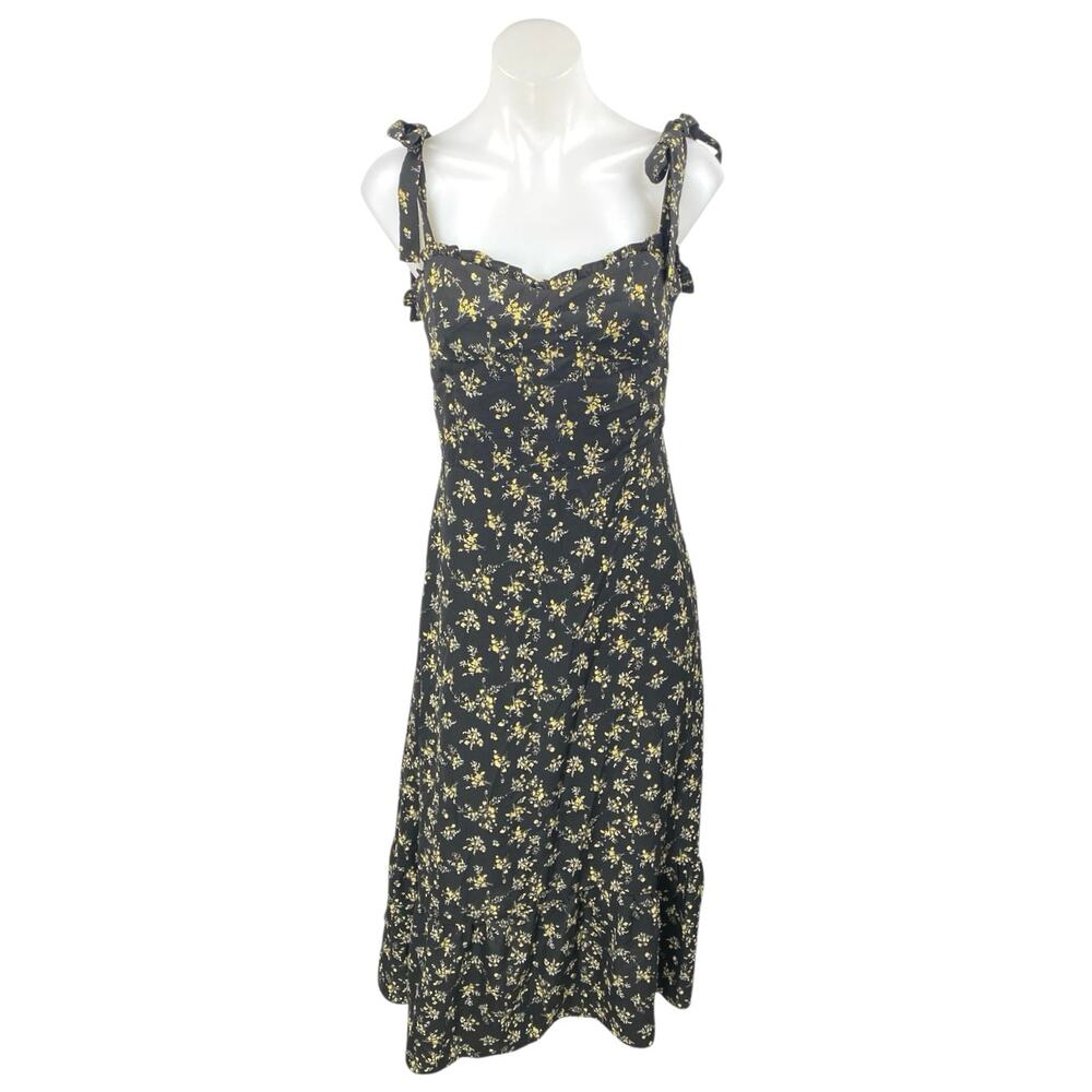 O.P.T Black Yellow Floral Sleeveless Tie Strap Cami Tank Midi A Line Dress Sz L